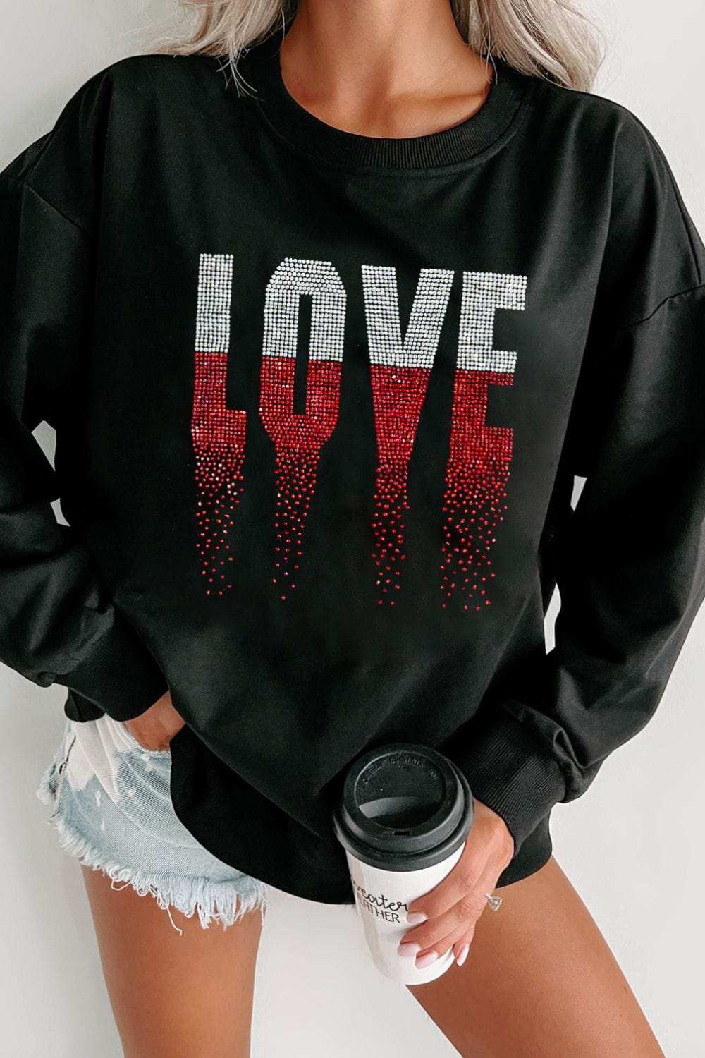 Rhinestone LOVE Round Neck Long Sleeve Sweatshirt - Trendsi - Flyclothing LLC