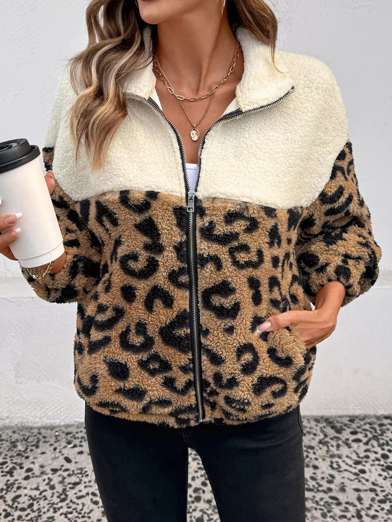 Leopard Zip Up Fleece Jacket - Trendsi - Flyclothing LLC