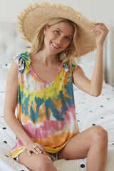 BiBi Circular Tie Dye Knit V Neck Top With Ruffle - Trendsi - Flyclothing LLC