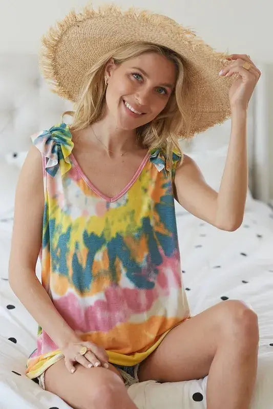 BiBi Circular Tie Dye Knit V Neck Top With Ruffle - Trendsi - Flyclothing LLC