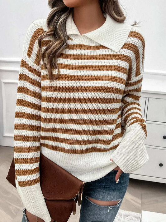Striped Collared Neck Long Sleeve Sweater - Trendsi - Flyclothing LLC