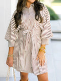 Striped Tie Waist Shirt Dress - Trendsi - Flyclothing LLC