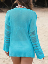Openwork Notched Long Sleeve Knit Cover Up - Trendsi - Flyclothing LLC