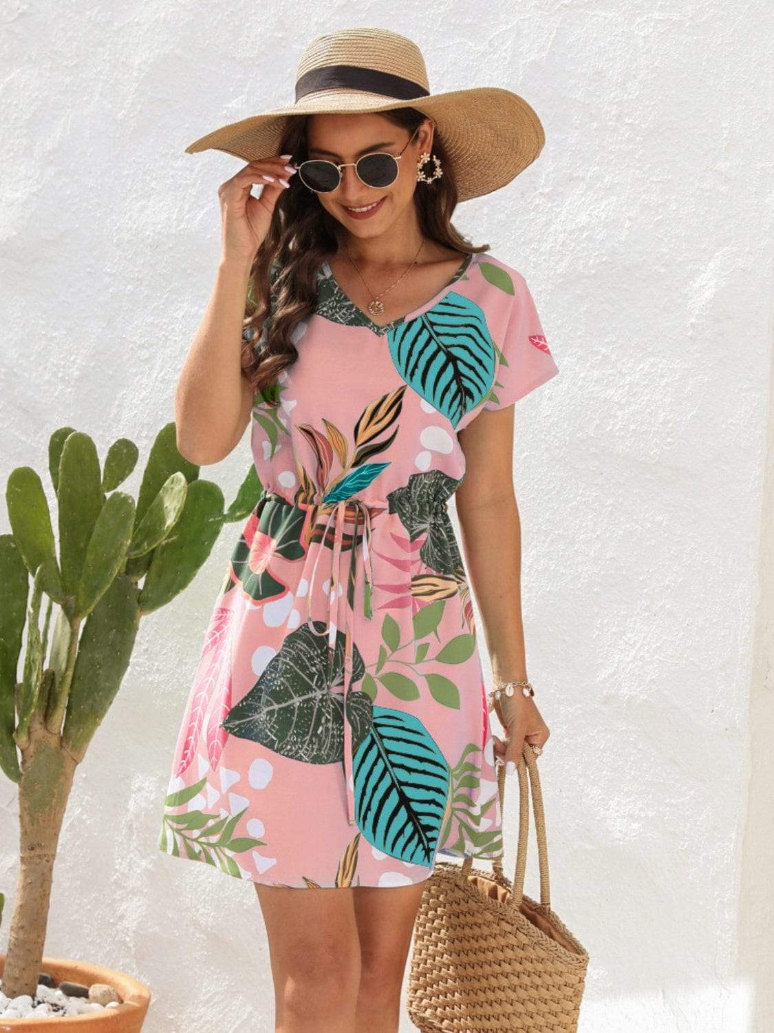Drawstring Printed V-Neck Mini Dress - Trendsi - Flyclothing LLC