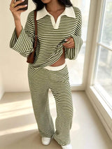Striped Long Sleeve Polo and Wide-Leg Pants Set - Trendsi - Flyclothing LLC