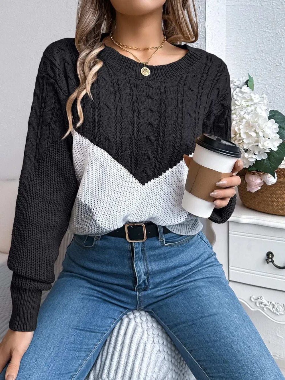 Cable-Knit Color Block Round Neck Sweater - Trendsi - Flyclothing LLC