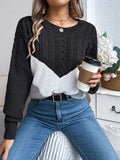 Cable-Knit Color Block Round Neck Sweater - Trendsi - Flyclothing LLC