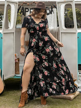 Plus Size Button Detail Printed V-Neck Short Sleeve Maxi Dress - Trendsi - Flyclothing LLC