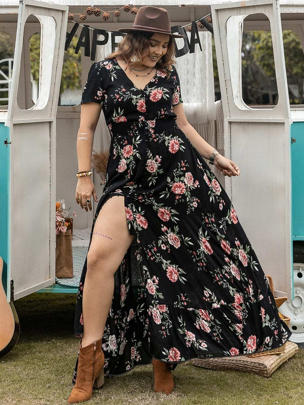 Plus Size Button Detail Printed V-Neck Short Sleeve Maxi Dress - Trendsi - Flyclothing LLC