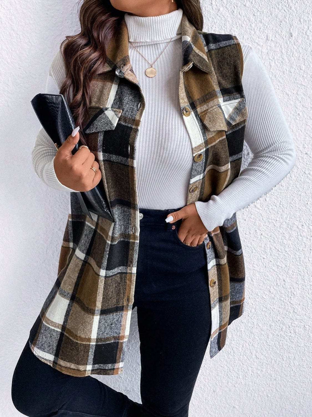 Honey Plus Size Pocketed Plaid Button Up Vest Coat - Trendsi - Flyclothing LLC