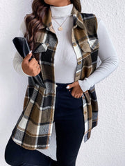 Honey Plus Size Pocketed Plaid Button Up Vest Coat - Trendsi