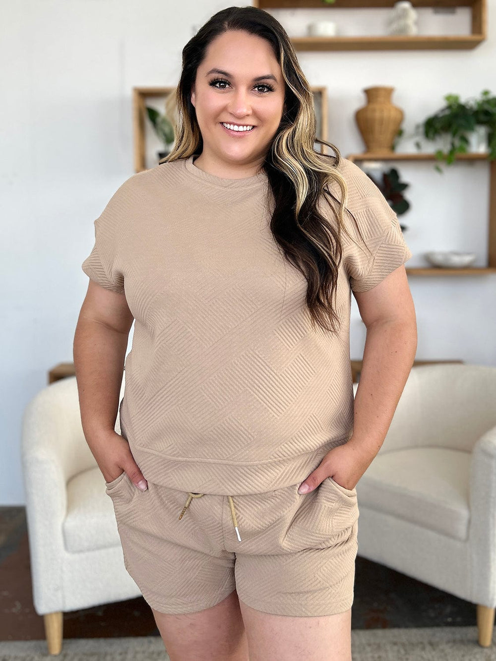 Double Take Full Size Texture Short Sleeve T-Shirt and Drawstring Shorts Set - Trendsi
