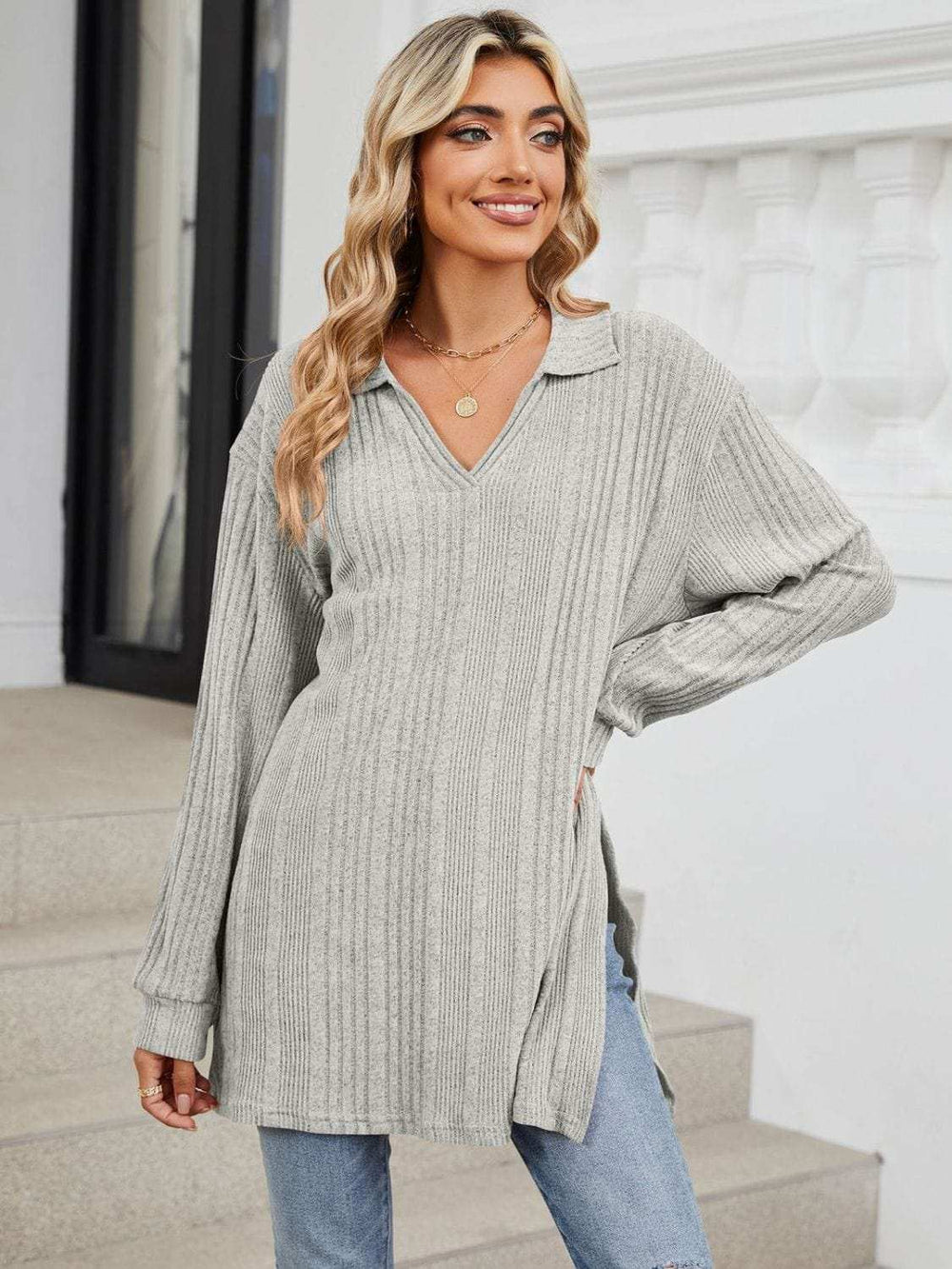 Slit Johnny Collar Long Sleeve T-Shirt - Trendsi - Flyclothing LLC