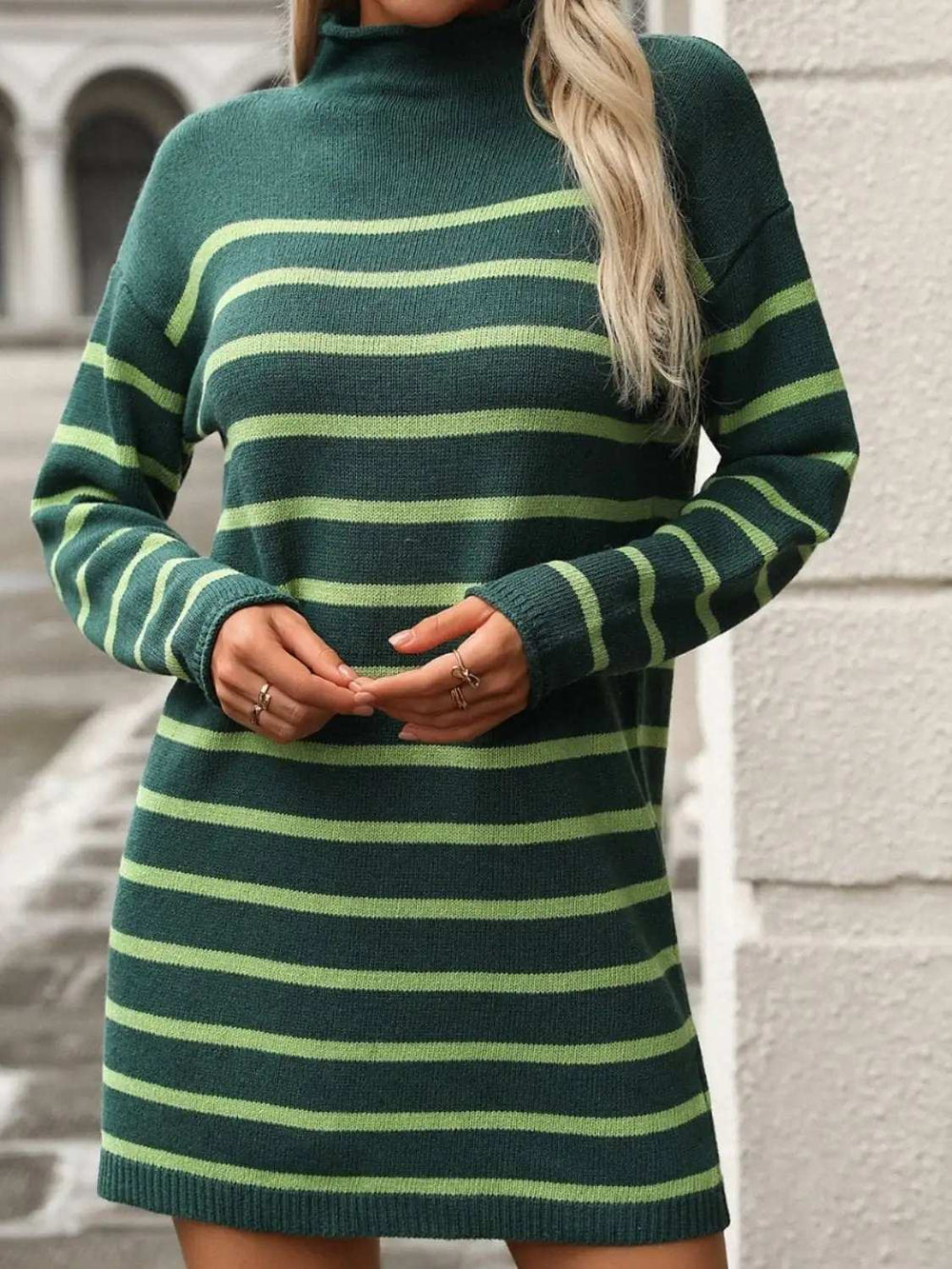 Striped Mock Neck Long Sleeve Mini Dress - Trendsi - Flyclothing LLC