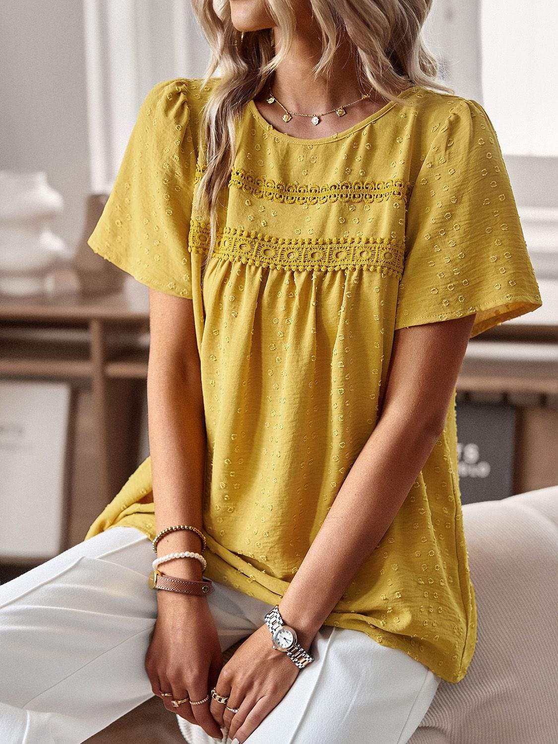 Lace Detail Round Neck Short Sleeve Blouse - Trendsi - Flyclothing LLC