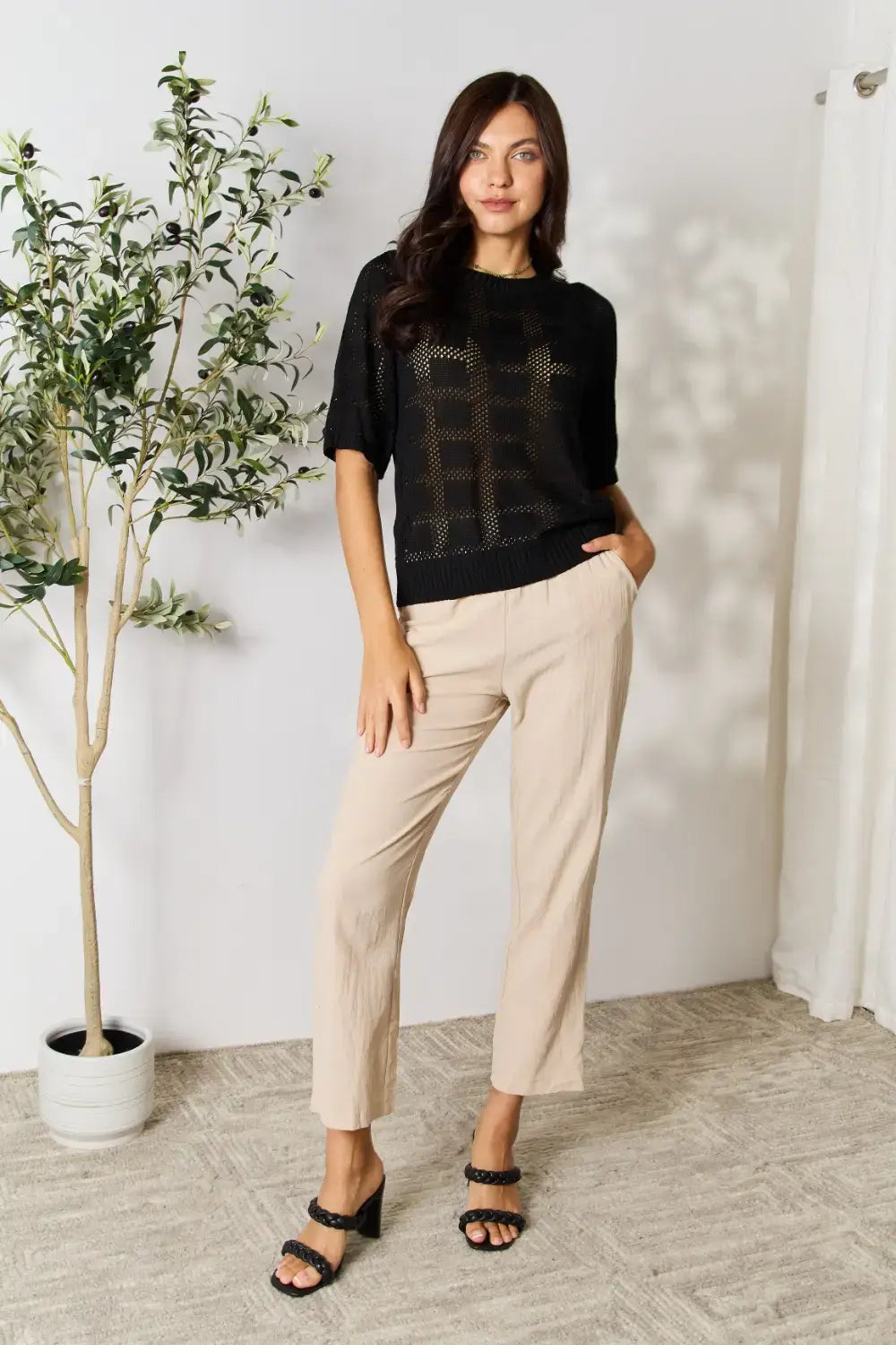 Mandy Ribbed Trim Round Neck Knit Top - Trendsi - Flyclothing LLC