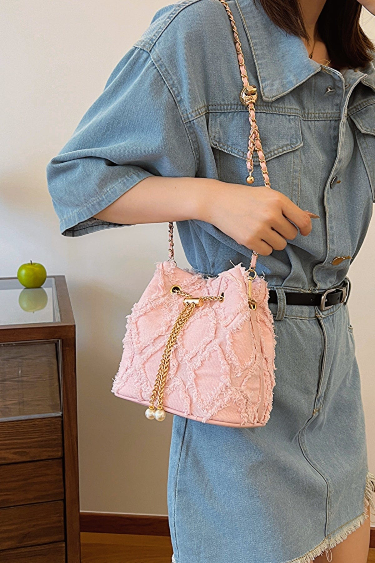 Chain Drawstring Raw Edge Denim Bucket Bag - Trendsi