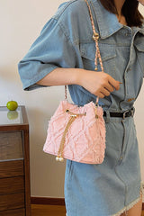 Chain Drawstring Raw Edge Denim Bucket Bag - Trendsi