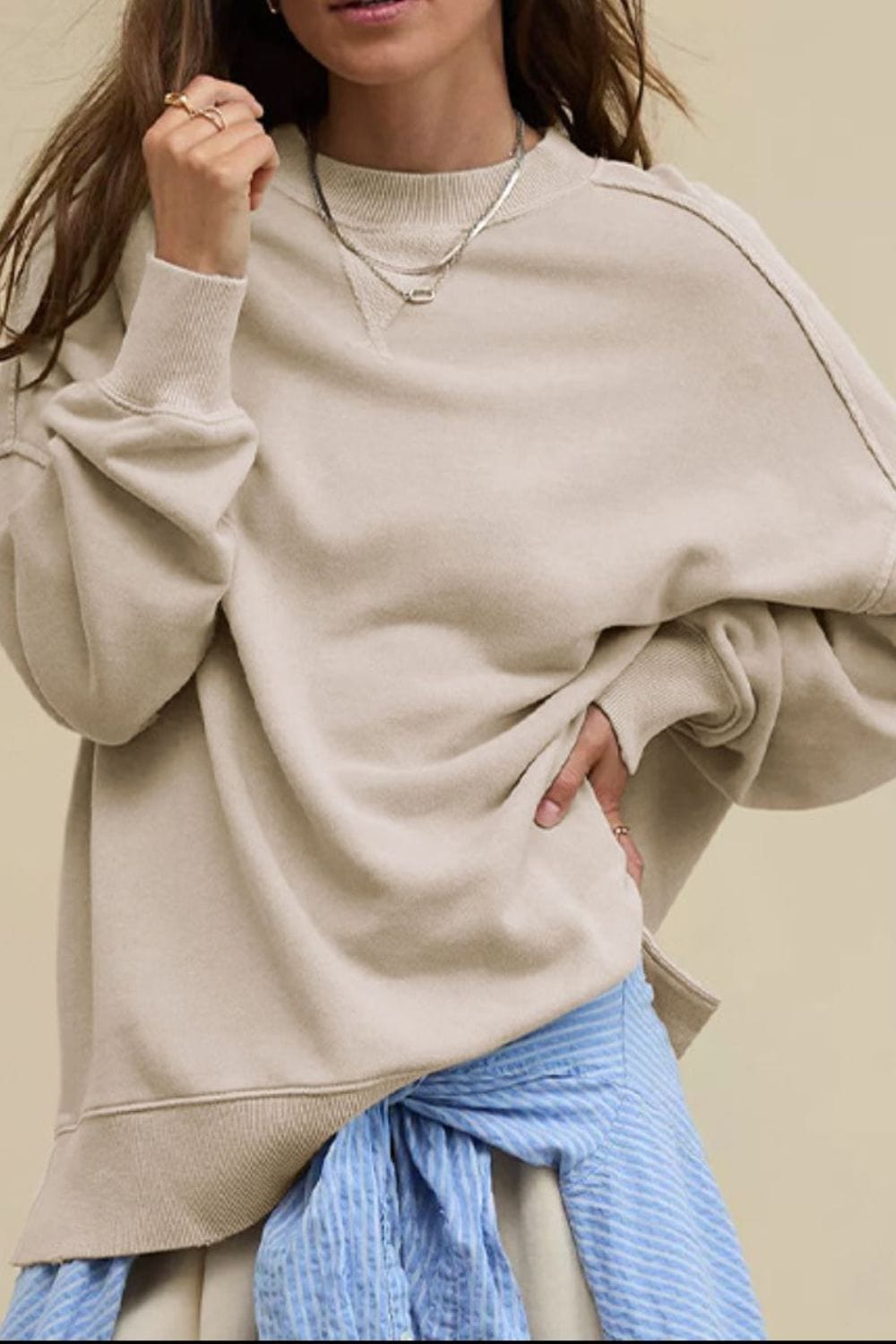 Side Slit Round Neck Long Sleeve Sweatshirt - Trendsi
