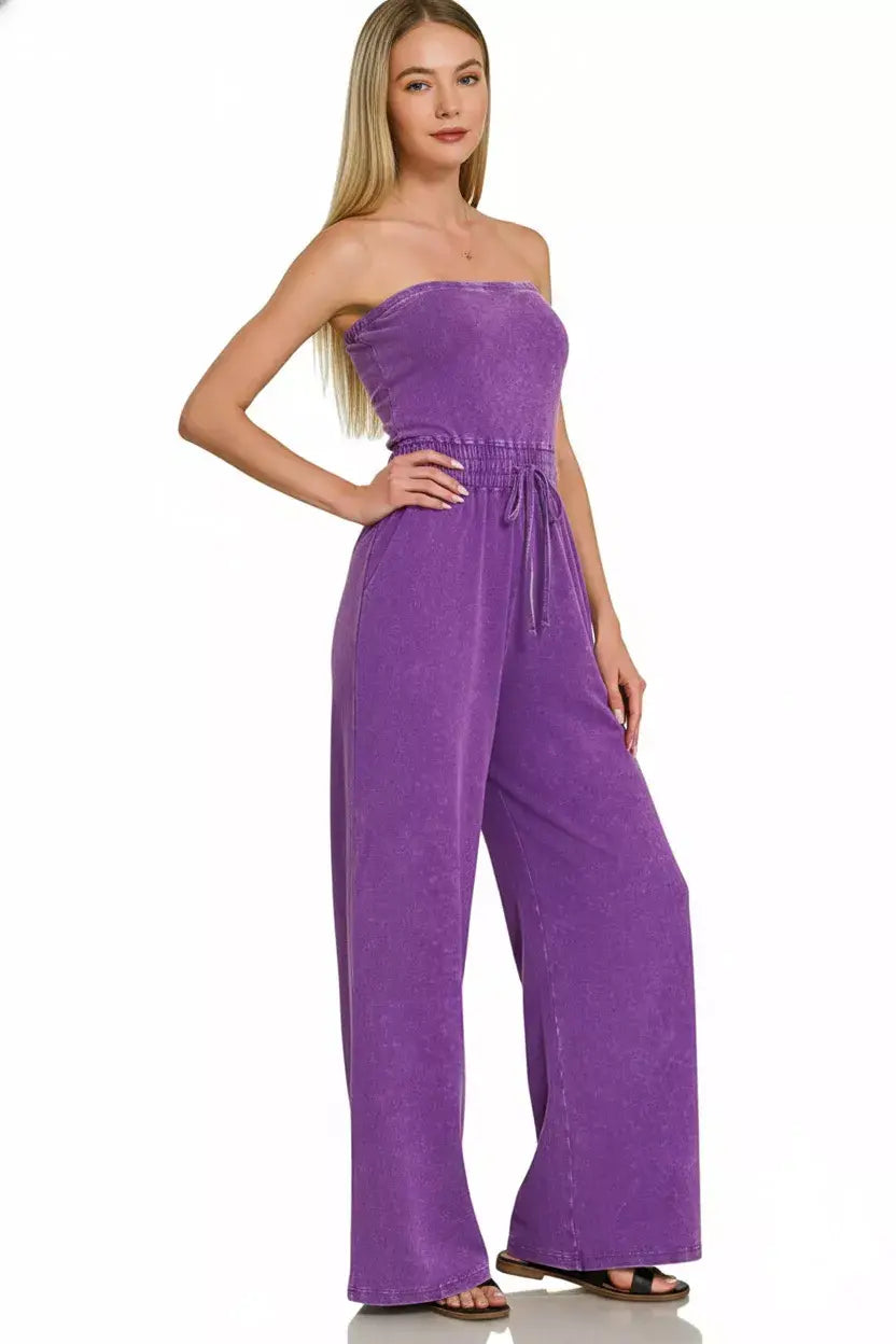 Zenana Acid Washed Strapless Tube Top Jumpsuit - Trendsi - Flyclothing LLC