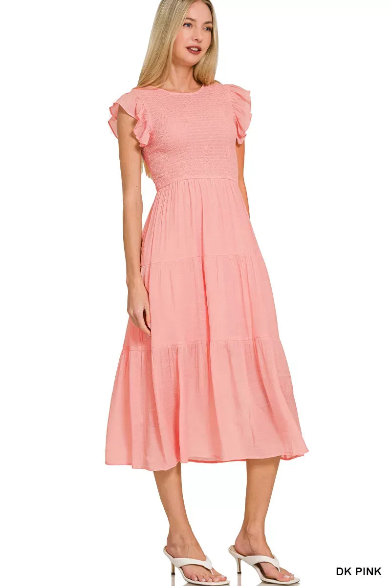 Zenana Woven Smocked Ruffle Sleeve Midi Dress - Trendsi - Flyclothing LLC