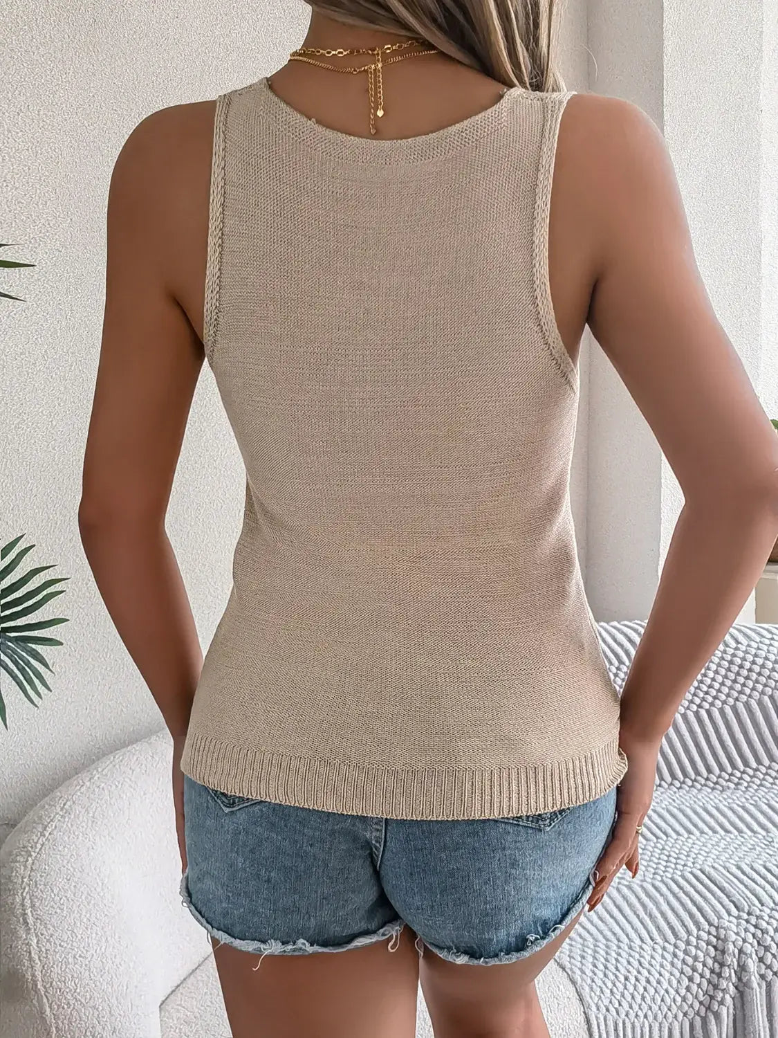 Eyelet V-Neck Tank - Trendsi - Flyclothing LLC