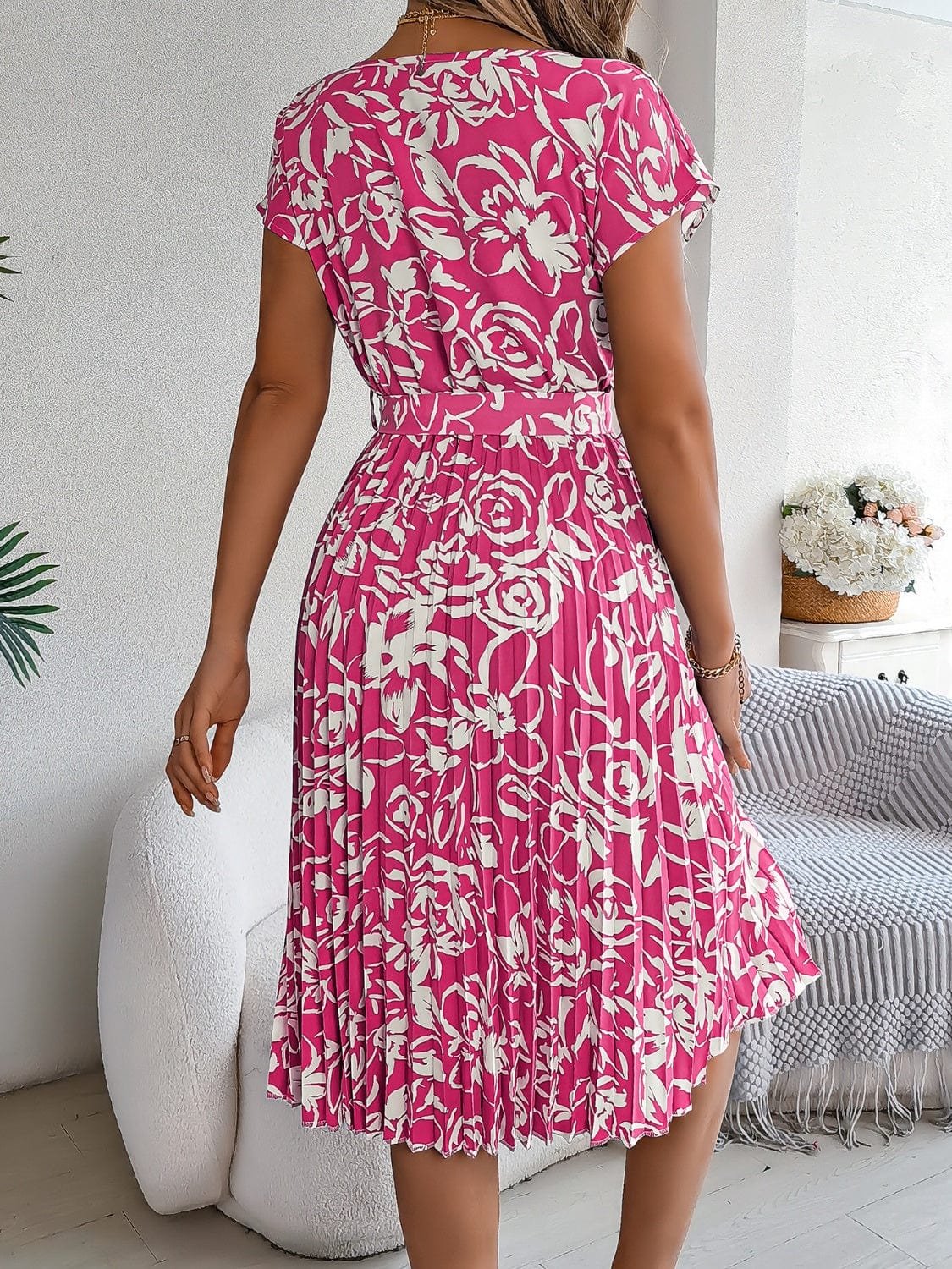 Tied Pleated Printed Short Sleeve Dress - Trendsi
