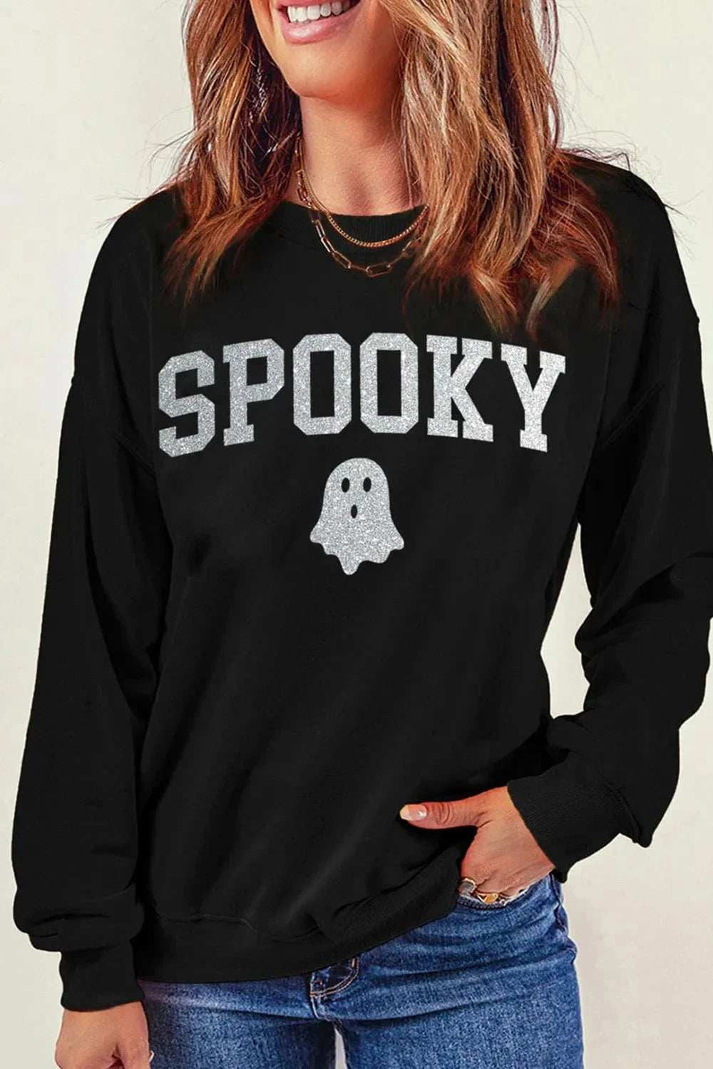 SPOOKY Round Neck Long Sleeve Sweatshirt - Trendsi - Flyclothing LLC