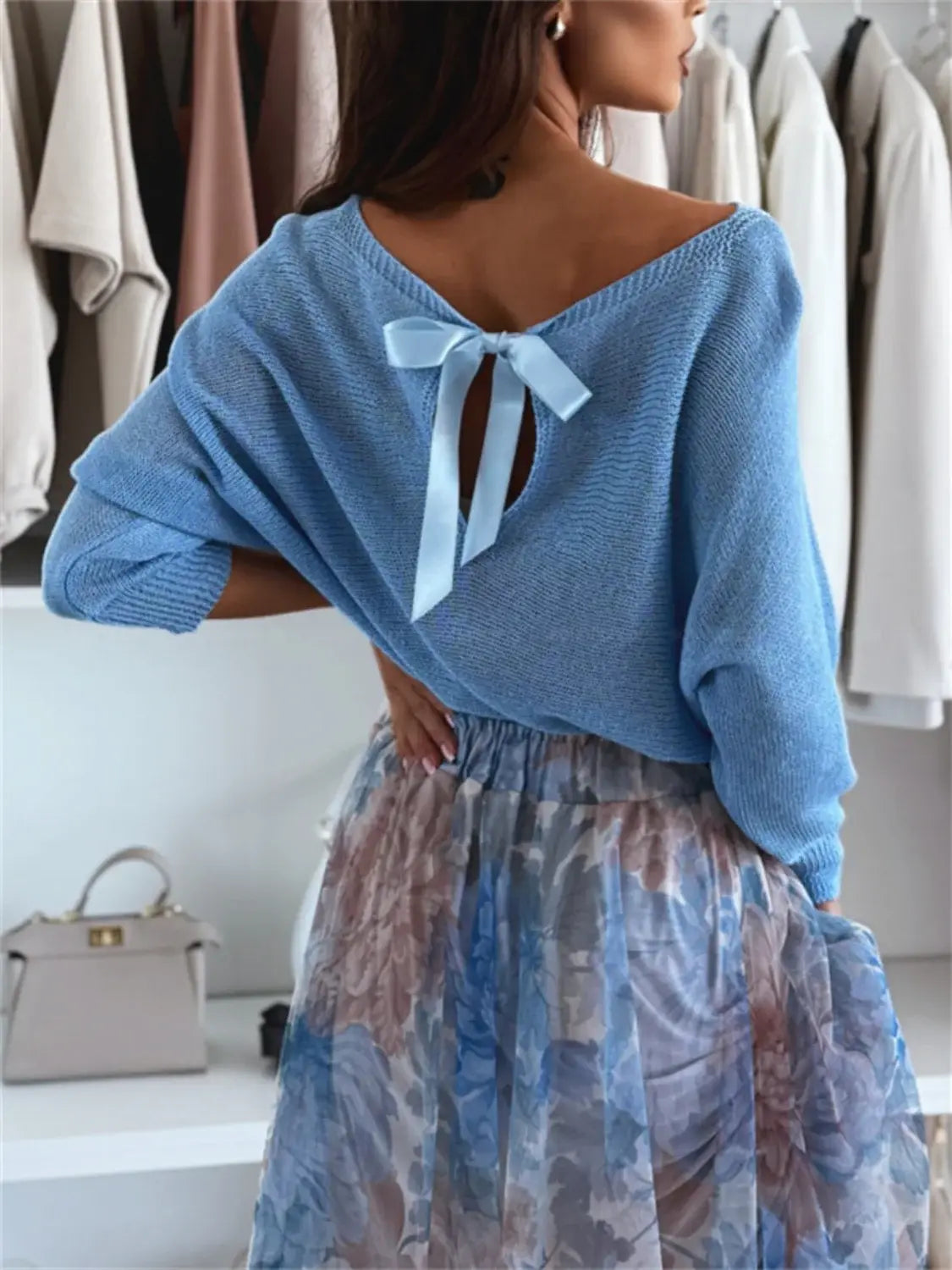 Bow Back Boat Neck Batwing Sleeve Sweater - Trendsi - Flyclothing LLC