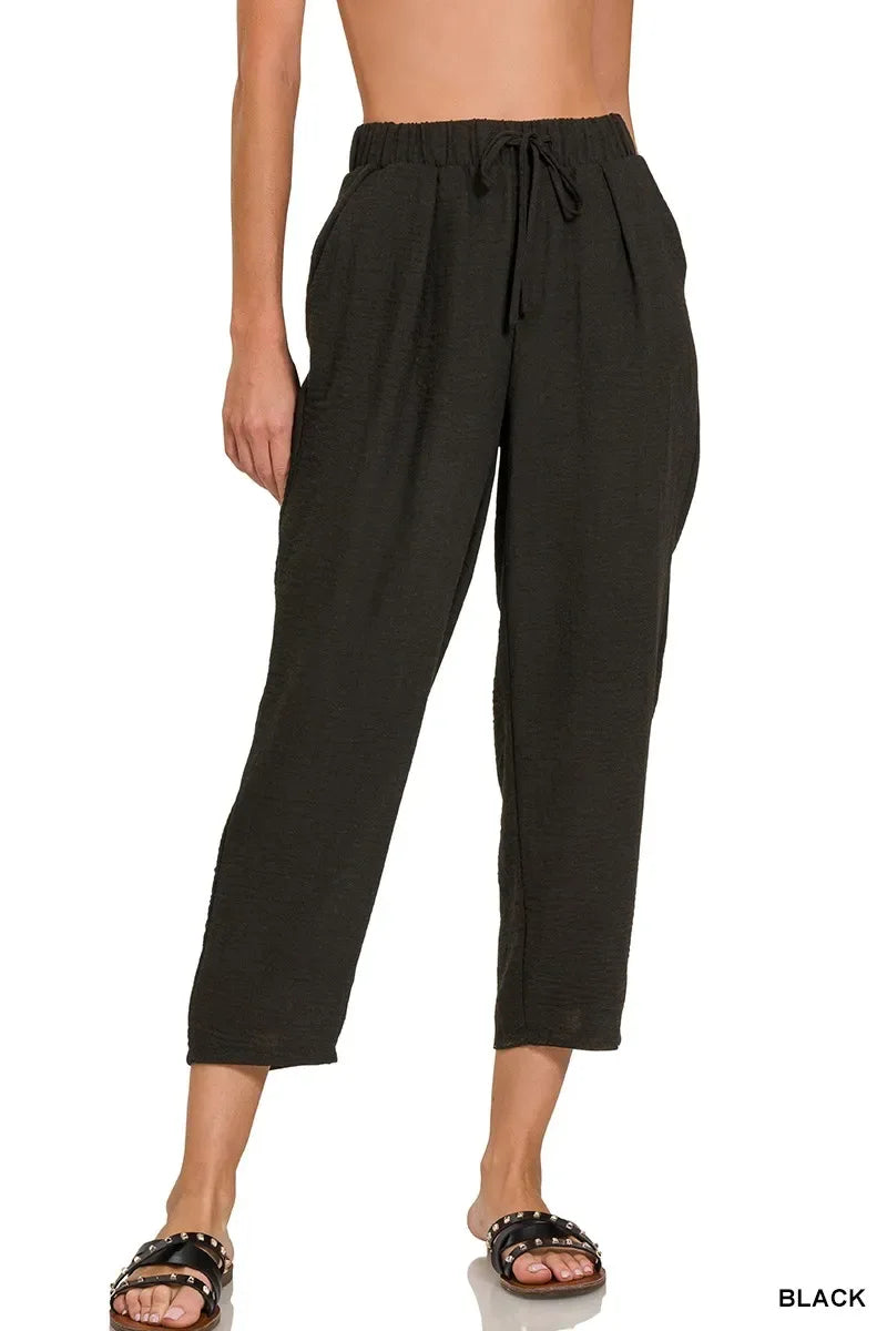 Zenana Woven Crepe Elastic Band Waist Pants - Trendsi - Flyclothing LLC