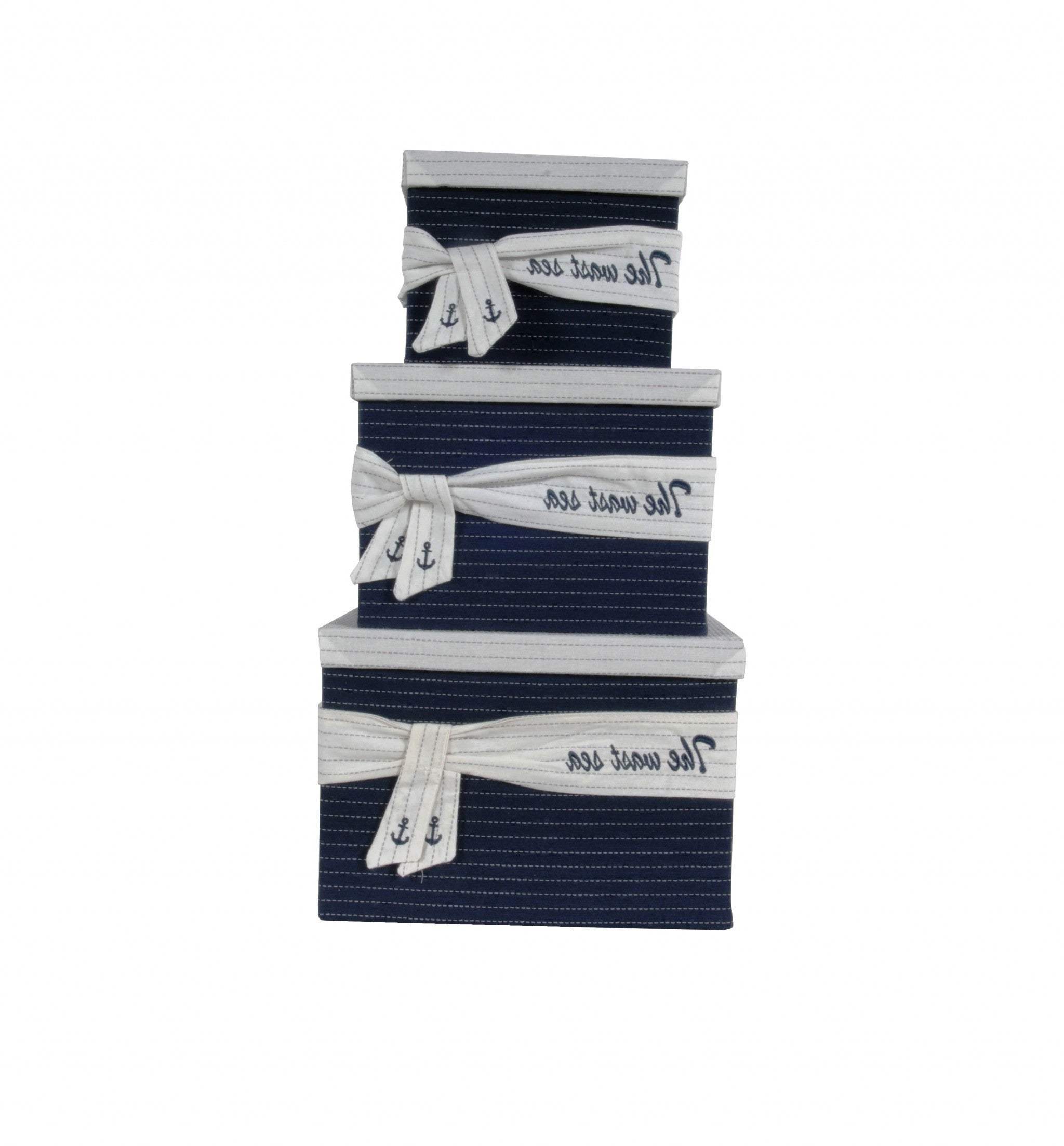 11.5" X 12" X 8.5" White Blue Fabric Boxes With Cover Set Of 3 - Homeroots - Flyclothing LLC