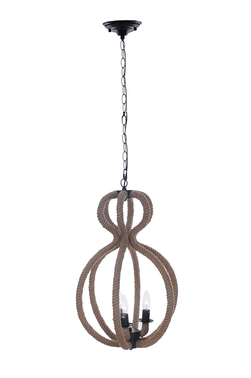 Natural and Black Iron and Rope Three Light Ceiling Light - Homeroots