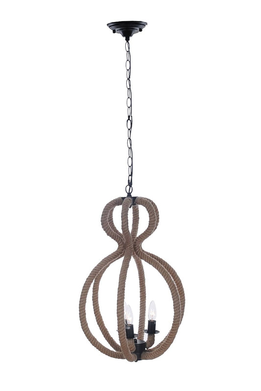Natural and Black Iron and Rope Three Light Ceiling Light - Homeroots