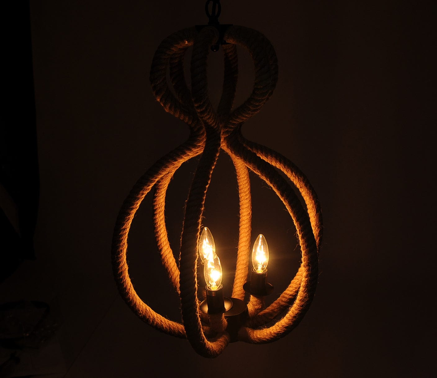 Natural and Black Iron and Rope Three Light Ceiling Light - Homeroots