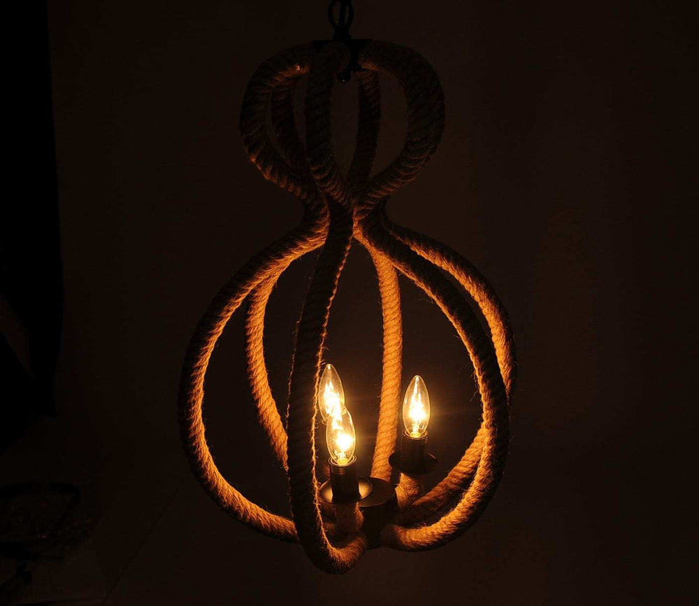 Natural and Black Iron and Rope Three Light Ceiling Light - Homeroots - Flyclothing LLC