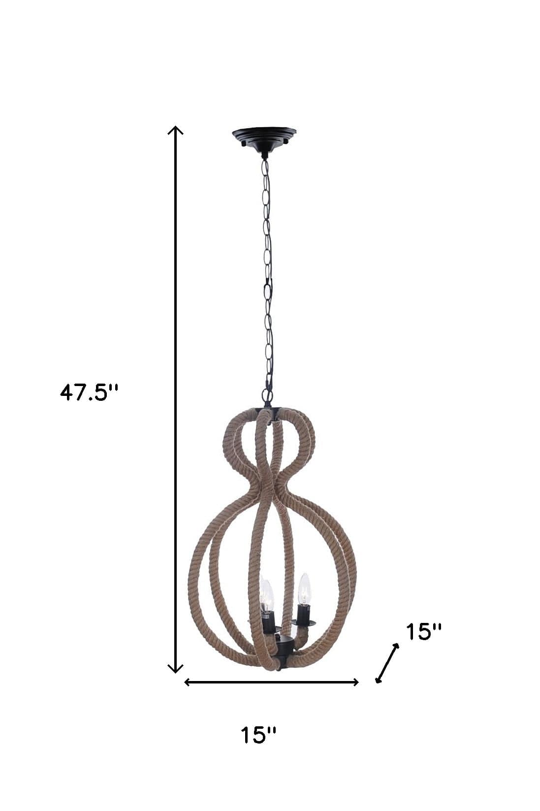 Natural and Black Iron and Rope Three Light Ceiling Light - Homeroots