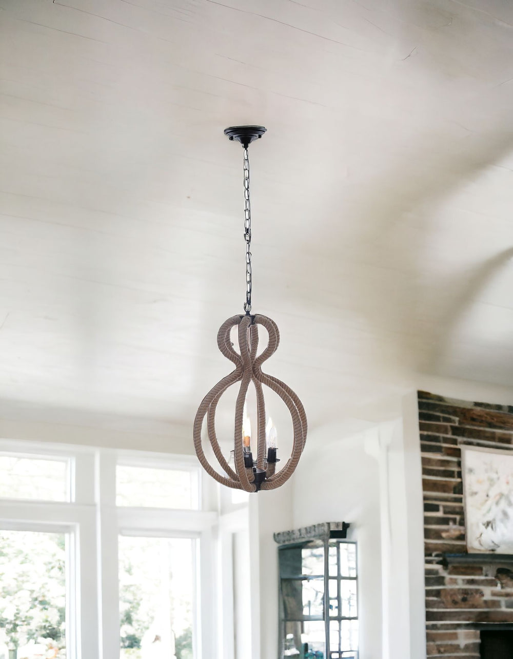 Natural and Black Iron and Rope Three Light Ceiling Light - Homeroots