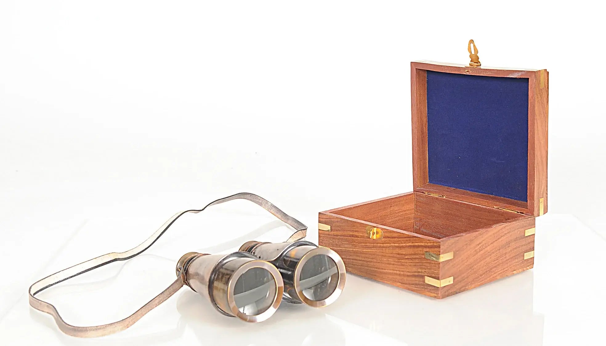 Rustic Brass And Leather Binoculars In Wood Storage Box - Homeroots - Flyclothing LLC