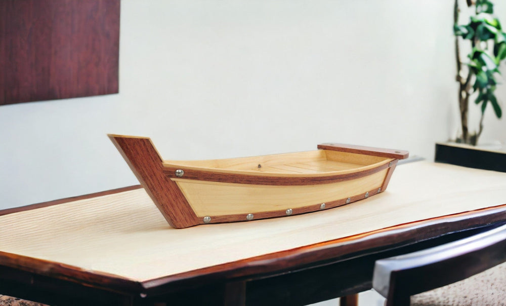 17" Natural and Brown Wood Sushi Boat Serving Tray - Homeroots