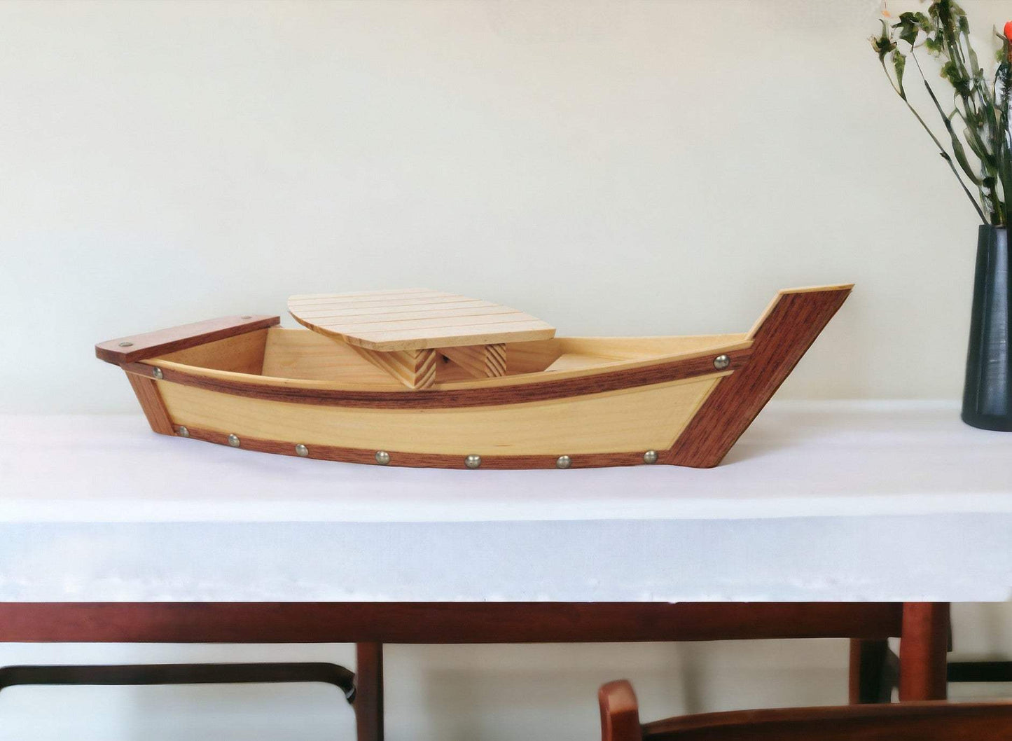 17" Natural and Brown Wood Sushi Boat Serving Tray - Homeroots - Flyclothing LLC
