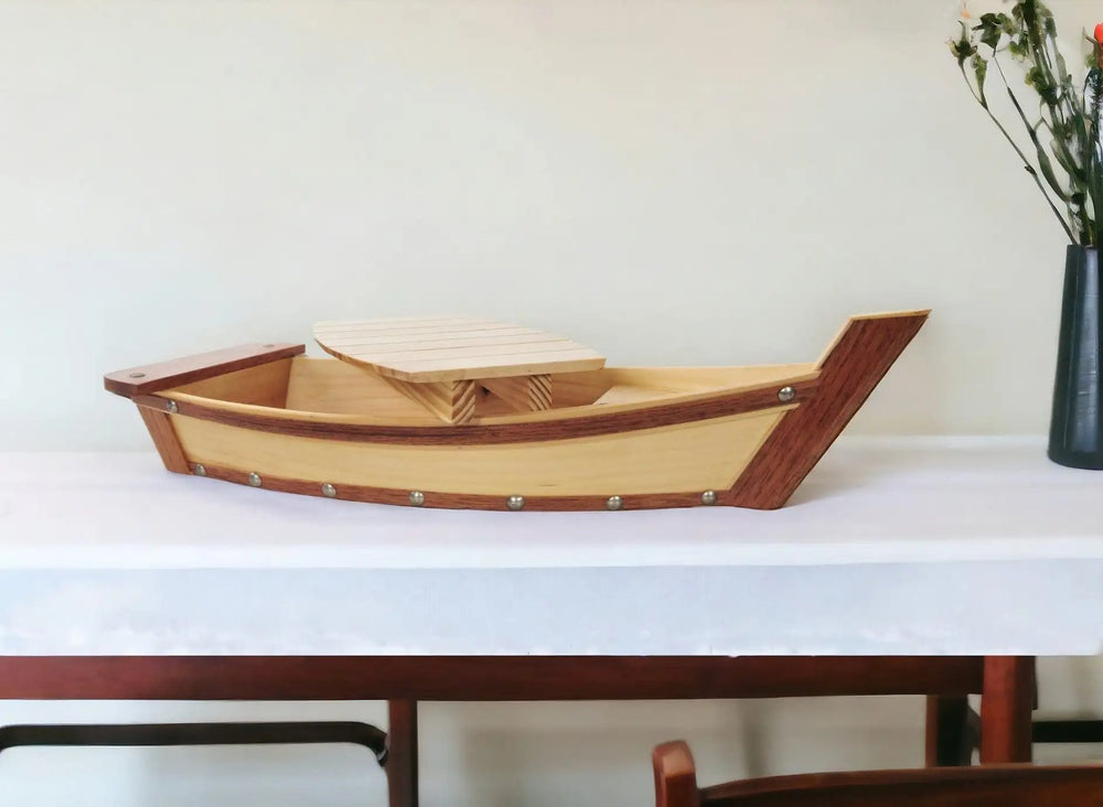 17" Natural and Brown Wood Sushi Boat Serving Tray - Homeroots - Flyclothing LLC