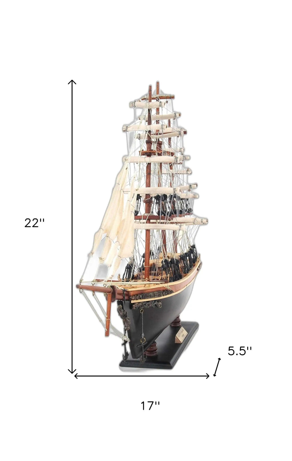 17" Brown Wood and Metal Hand Painted Cutty Sark Model Boat Tabletop Sculpture - Homeroots