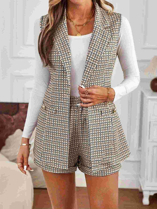 Tied Plaid Collared Neck Vest and Shorts Set - Trendsi - Flyclothing LLC