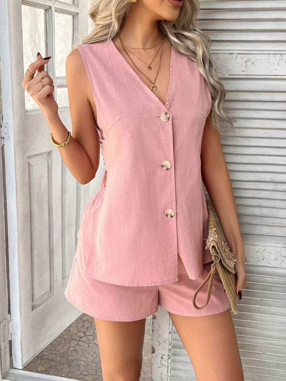 Devine Button Down V-Neck Tank and Shorts Set - Trendsi - Flyclothing LLC