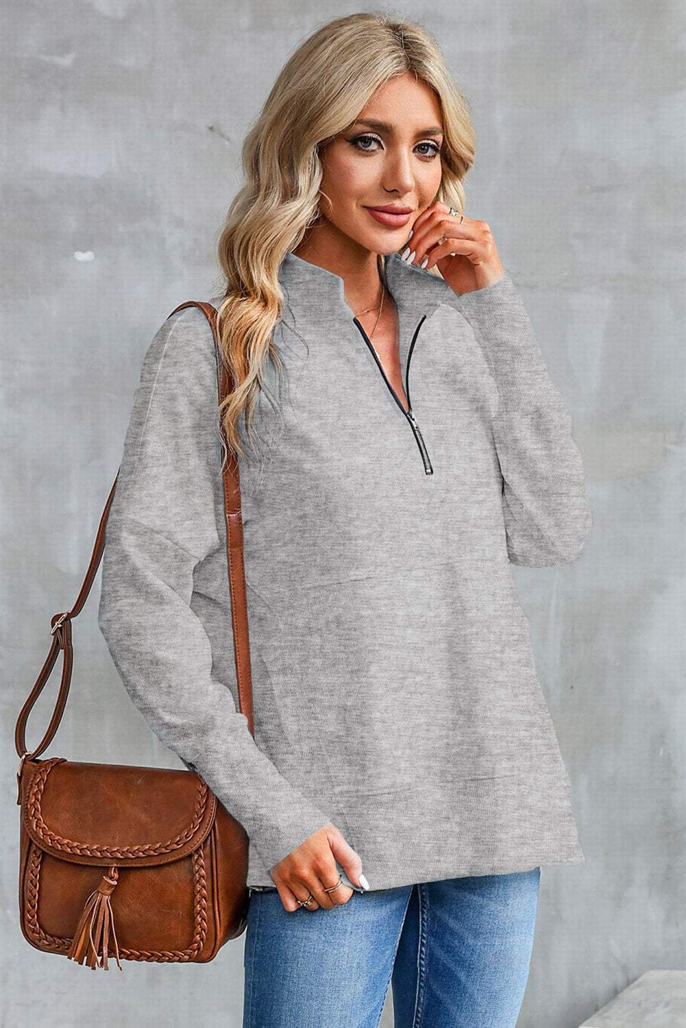 Half Zip Pocketed Dropped Shoulder Sweatshirt - Trendsi - Flyclothing LLC