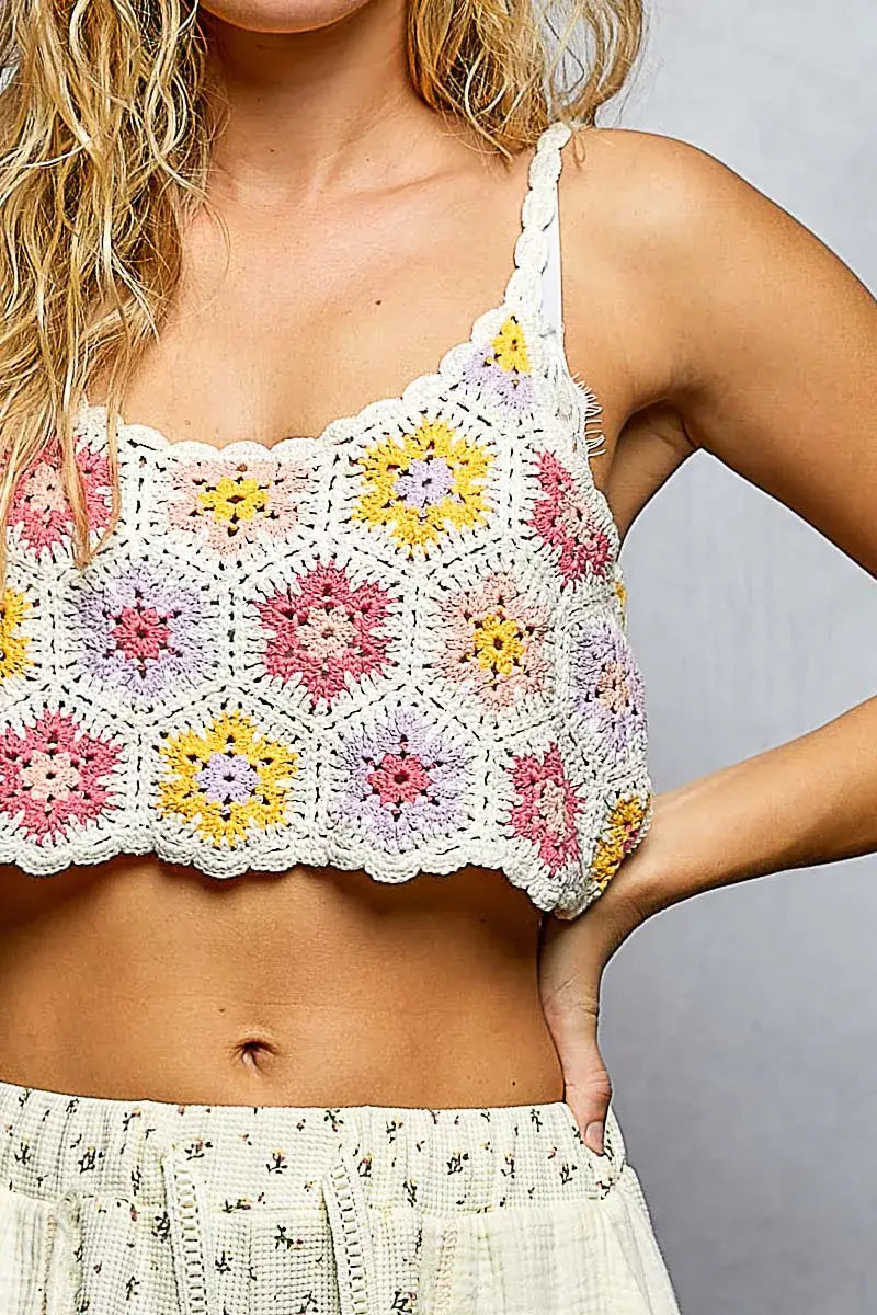 POL Handmade Granny Pattern Crochet Cami with Scalloped Strap - Trendsi - Flyclothing LLC