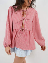 Tied Round Neck Long Sleeve Blouse - Trendsi - Flyclothing LLC