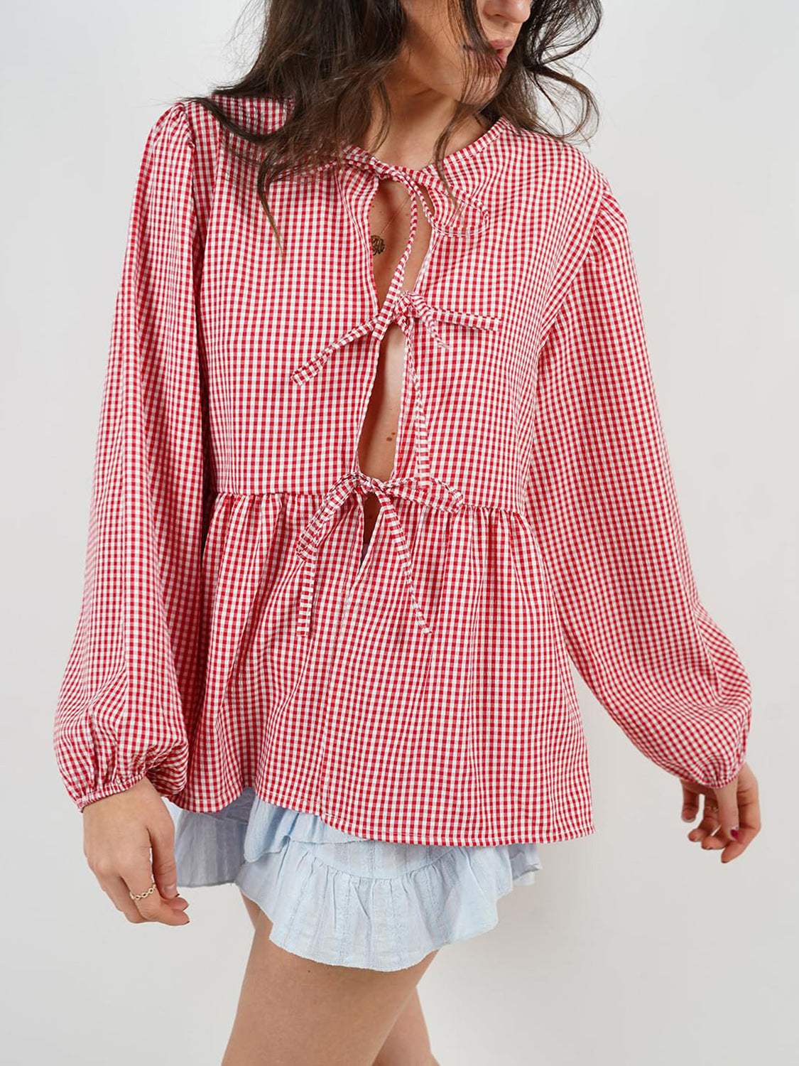 Tied Round Neck Long Sleeve Blouse - Trendsi - Flyclothing LLC
