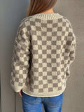 Checkered Button Up Round Neck Cardigan - Trendsi - Flyclothing LLC