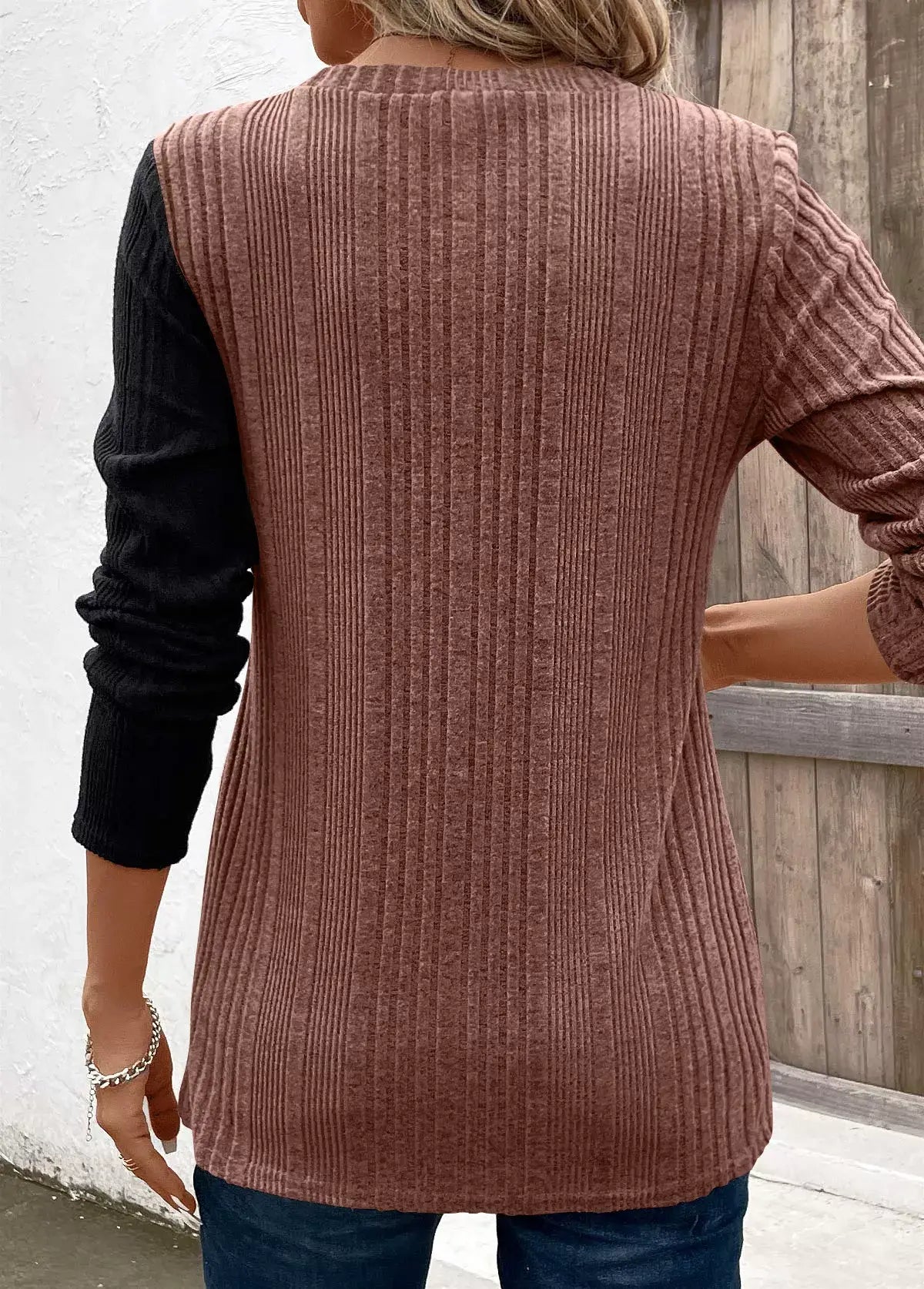 Color Block Ribbed Knit Decor Button T-Shirt - Trendsi - Flyclothing LLC